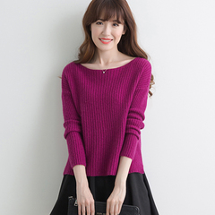 2016新款秋季韩版 一字领 纯色山羊绒衫女短款针织衫打底修身短款