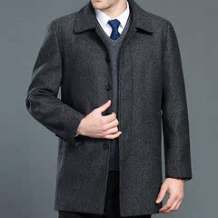 冬装新款中年毛呢大衣男士翻领宽松风衣中老年人男羊毛呢外套厚款