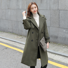 2016冬季新款韩版中长款宽松系带毛呢外套女显瘦军绿色加厚呢大衣
