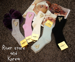 River yunchuan露一截袜子是时髦兔毛珍珠金属堆堆袜 东大门正品