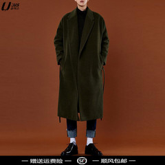 2016韩版秋冬新款中长款羊绒大衣男系带宽松毛呢大衣大码呢子外套