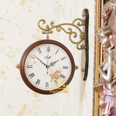 欧式时尚创意扫秒机芯静音双面钟表客厅实木时钟挂表复古石英钟