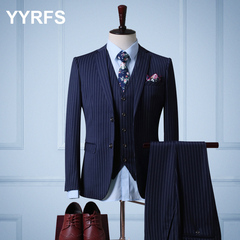 YYRFS男士西服套装韩版修身条纹休闲西装三件套套新郎结婚礼服