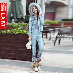 冬季外套女韩版修身显瘦加厚大毛领棉衣套装休闲时尚运动印花2016