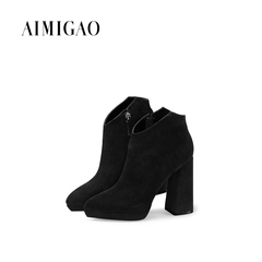 AIMIGAO爱米高2016秋冬新款 羊S粗跟尖头超高跟短靴女靴欧美靴子