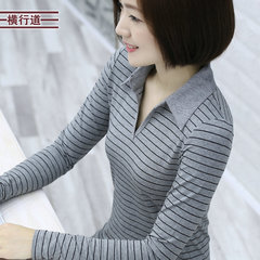 2016冬装新款条纹衬衫领韩版女士上衣V领大码女装莫代尔长袖t恤女