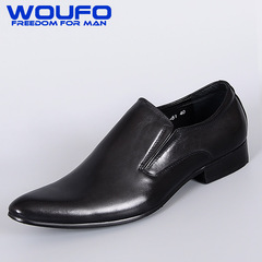 WOUFO韩版男士尖头皮鞋真皮套脚英伦牛皮商务正装青年皮鞋正品