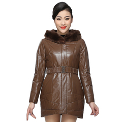 Dongming2016冬季新款女士韩版獭兔毛领真皮皮衣长款羽绒服外套