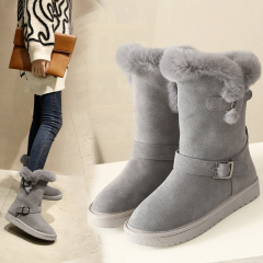 兔毛雪地靴2016冬季新款平底真皮中筒靴加厚高筒女靴子保暖二棉鞋