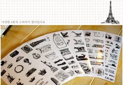韩国 复古印章图案透明日记装饰贴纸 铁塔 热气球 6张入