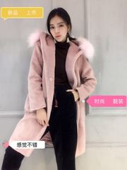 卡韩斯冬季韩版超大貉子毛领连帽长款毛呢外套女宽松显瘦呢子大衣