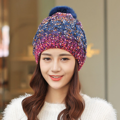 韩版冬季大毛球加厚保暖针织帽子潮秋冬天女士可爱混色麻花毛线帽