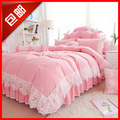 夏季韩版双人蕾丝花边粉色四件套床裙式1.8m米床全棉被套纯棉公主