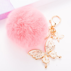 韩国版新款蝴蝶水钻汽车钥匙扣精美獭兔毛球包包挂件可爱女士饰品