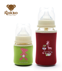 包邮Rokko玻璃奶瓶新生婴儿宽口径120ml/240ml防胀气送保温防摔套