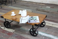 美式乡村LOFT铁艺茶几实木桌客厅沙发边几休闲咖啡桌做旧带轮复古