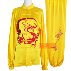 太极服装刺绣花龙男女练功服太极比赛服长袖成人团体演出服金黄色