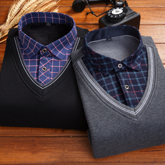 秋冬季男士加绒加厚保暖衬衫商务休闲假两件修身衬衣韩版针织线衫