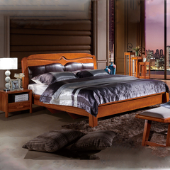 实木床橡木家具胡桃木色中式1.8米大婚床真皮床软靠双人床特价