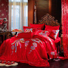 苏迷家纺 大红色龙凤刺绣结婚床上用品套件 新婚庆高档奢华十件套