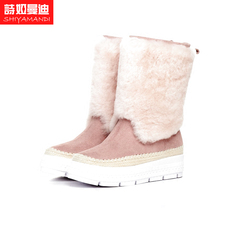 粉红色橡胶秋冬圆头休闲女靴套筒磨砂黑色坡跟雪地靴子女鞋