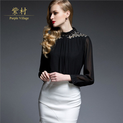 紫村秋季镶钻气质OL白领衬衫欧美职业装女装时尚性感黑色衬衣长袖