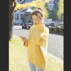 韩国代购2016秋冬新款高领毛衣女加厚黄色宽松中长款兔毛针织上衣