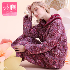 芬腾新款睡衣女冬季三层加厚夹棉紫色印花家居服套装珊瑚绒秋