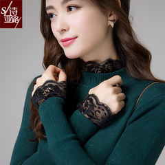 秋冬季女子开叉韩版紧身中领毛衣裙中长款套头蕾丝打底针织毛线裙