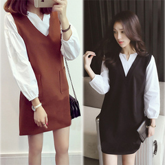 2016秋季新款女装韩版套装宽松显瘦v领长袖衬衫 裙子两件套连衣裙