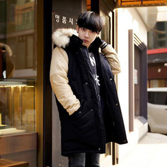 冬季男土外套韩版中长款保暖带毛领连帽棉衣加厚潮男时尚修身棉服
