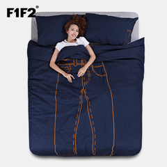 F1F2家纺1.5m全棉纯棉素色牛仔4四件套床上用品加厚1.8米床单被套