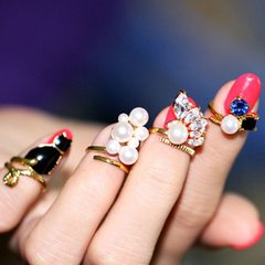 韩版宝石猫咪珍珠指甲戒指美妆美甲关节戒指尾戒指环女爆款饰品