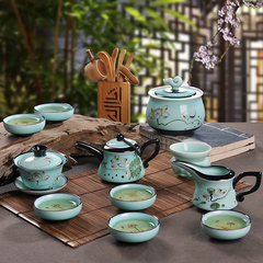景德镇手工茶具手绘陶瓷功夫套装整套荷花茶壶盖碗茶海茶杯礼盒装