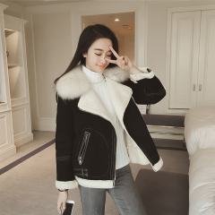 冬装新款2016韩版时尚鹿皮绒羊羔毛拼接纯色立领外套女带毛领1154