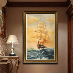 玄关油画竖版手绘客厅风水帆船装饰画手工风景挂画沙发背景墙壁画