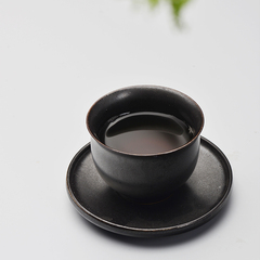 千年火茶杯茶碗景德镇陶瓷磨砂品茗杯带托乌金釉创意小茶杯主人杯