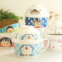 卡通创意陶瓷碗泡面杯 方便面碗日式汤碗大号带盖 面杯碗配卡通勺
