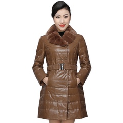 Dongming2016冬新款韩版气质修身保暖兔毛领带皮条中长款羽绒服女