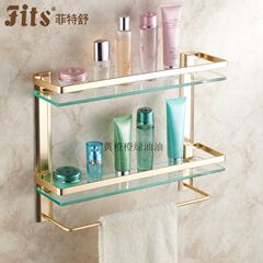 包邮金色浴室镜前置物架壁挂卫生间双层玻璃化妆品架 毛巾架角架