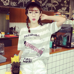 2016夏装新品韩版字母印花条纹t恤女宽松显瘦打底衫圆领套头上衣