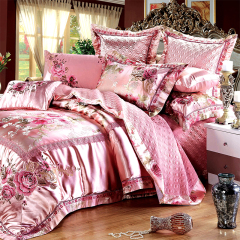 苏迷家纺 欧式高档新婚庆床上用品十件套 粉色贡缎提花奢华多件套