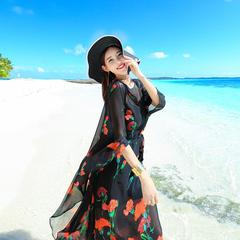 2016淑女时尚波西米亚蝙蝠袖圆领印花雪纺宽松沙滩长裙女