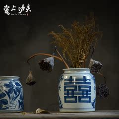 景德镇创意陶瓷复古花瓶做旧摆件双喜罐中式喜字罐客厅玄关大花插