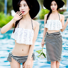 韩国可爱泳衣女比基尼三件套披纱分体遮肚钢托小胸聚拢温泉泳装