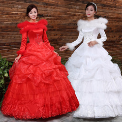 2016新款婚纱冬季新款加厚齐地韩式新娘结婚长袖棉一字肩婚纱礼服