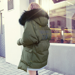 韩版女士超大毛领军绿色印花羽绒服女中长款2016新款韩国宽松外套