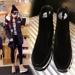 岚雨iFashion2016时尚欧美坡跟冬季新款中筒靴圆头中跟真皮雪地靴