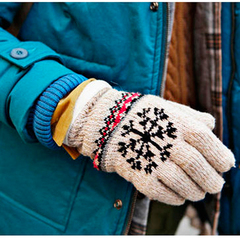 冬季新款女士韩版加绒加厚毛线手套雪花针织分指男式情侣冬天