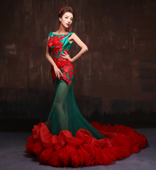 2015新款婚纱礼服拖尾中国风复古晚礼服影楼主题舞台演出女礼服裙